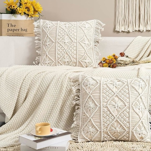 NWT Handmade Macrame Boho Boutique Pillow Cases W/Inserts - Picture 4 of 10